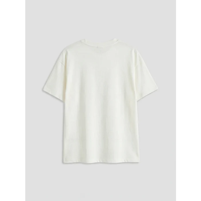 LCW Kids Ekru Bisiklet Yaka Fiyonk Nakışlı Kız Çocuk Tişört