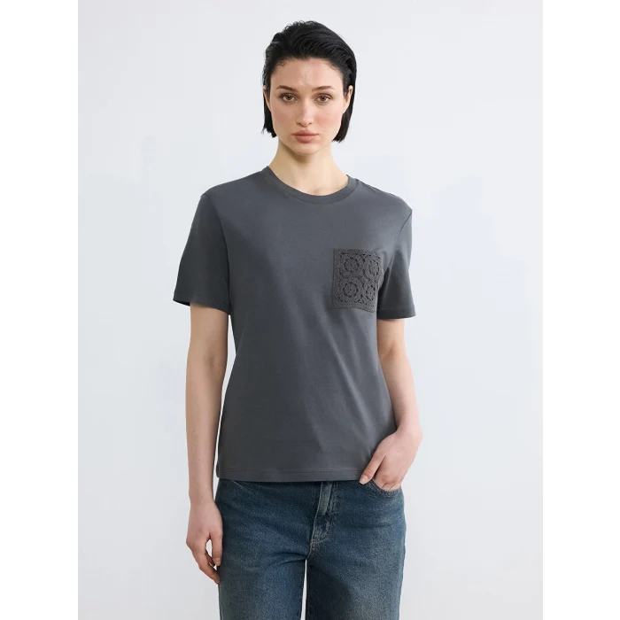 LCW Vision Antrasit Bisiklet Yaka Nakışlı Kadın Tişört
