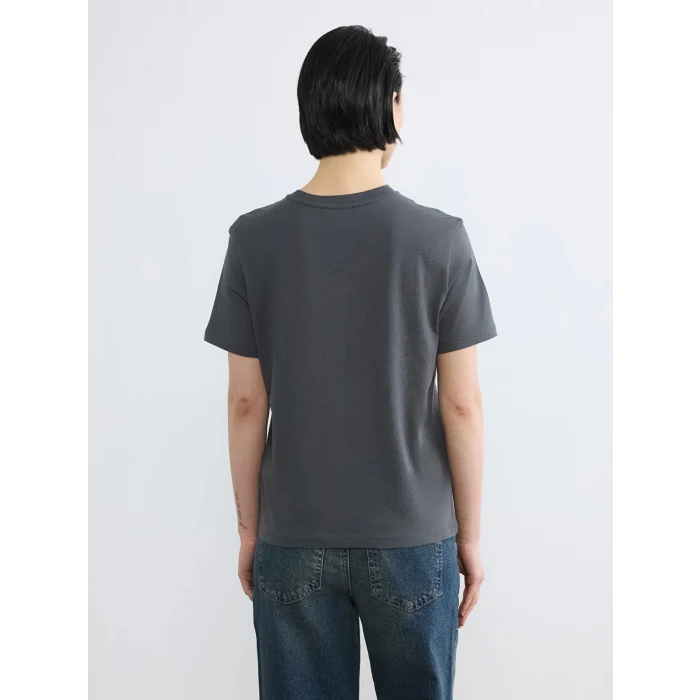 LCW Vision Antrasit Bisiklet Yaka Nakışlı Kadın Tişört
