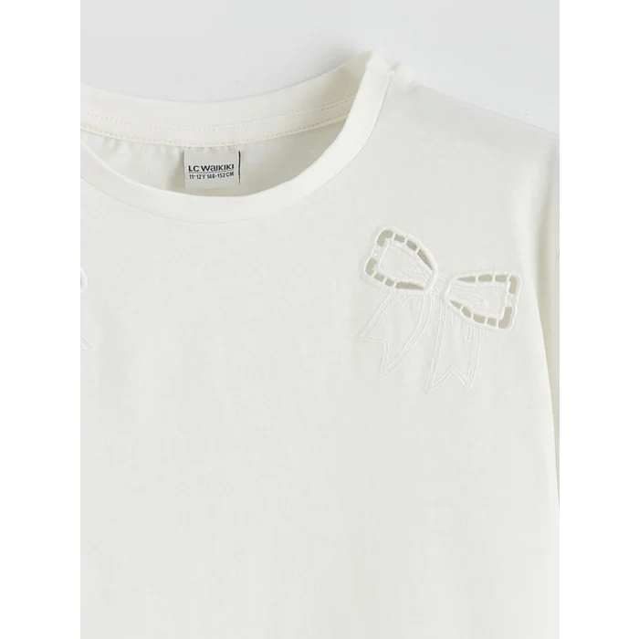 LCW Kids Ekru Fiyonk Nakışlı Kız Çocuk Tişört