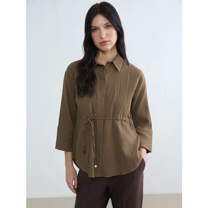 LCWAIKIKI Classic Kahverengi Bağlamalı Dokulu Kadın Müslin Gömlek