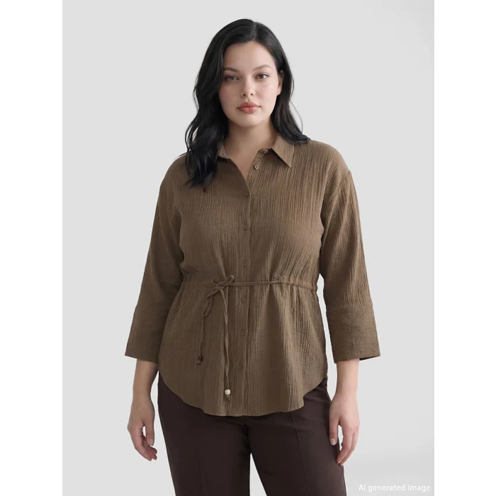LCWAIKIKI Classic Kahverengi Bağlamalı Dokulu Kadın Müslin Gömlek