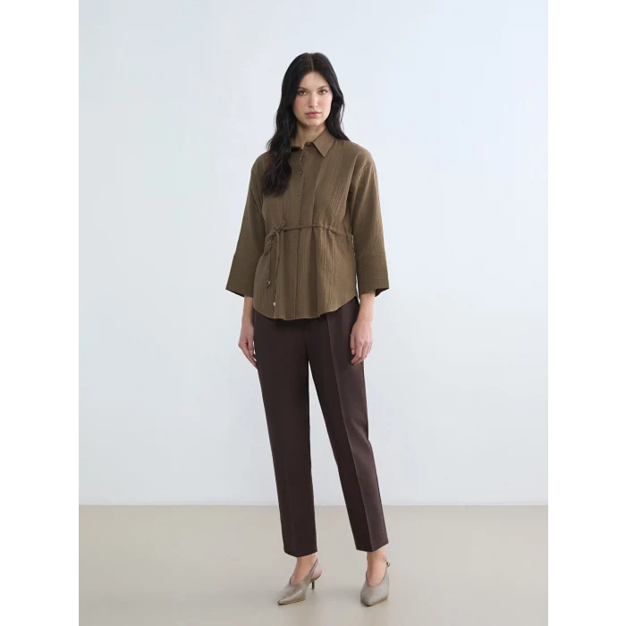 LCWAIKIKI Classic Kahverengi Bağlamalı Dokulu Kadın Müslin Gömlek