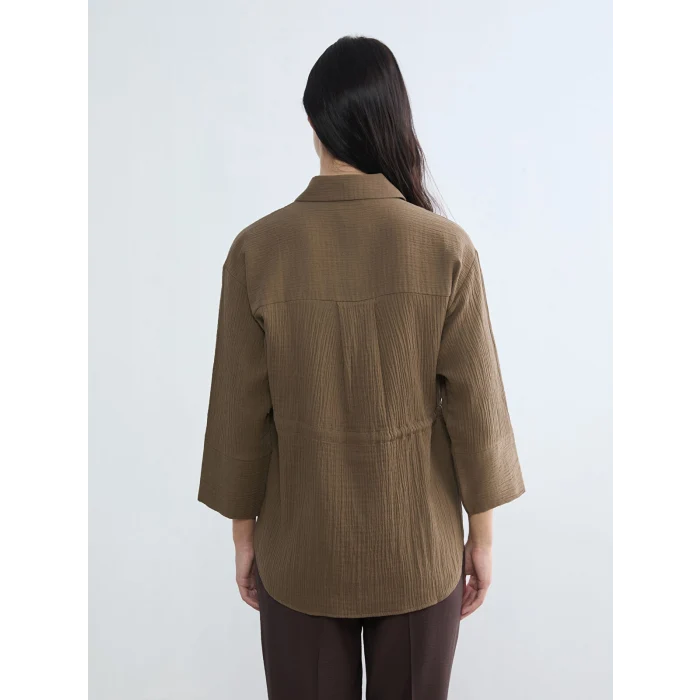 LCWAIKIKI Classic Kahverengi Bağlamalı Dokulu Kadın Müslin Gömlek