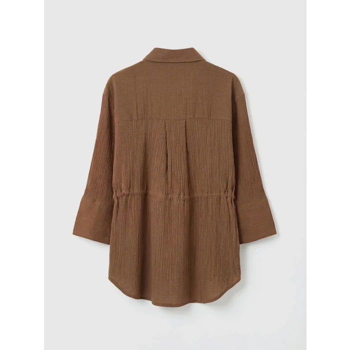 LCWAIKIKI Classic Kahverengi Bağlamalı Dokulu Kadın Müslin Gömlek