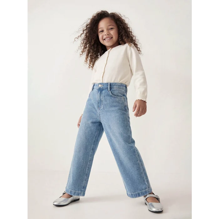 LCW Kids İndigo Wideleg Taşlı Kız Çocuk Jean Pantolon