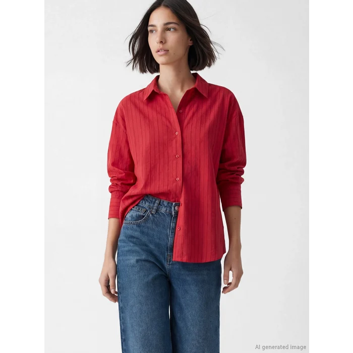 LCW Vision Kırmızı Çizgili Oversize Kadın Gömlek