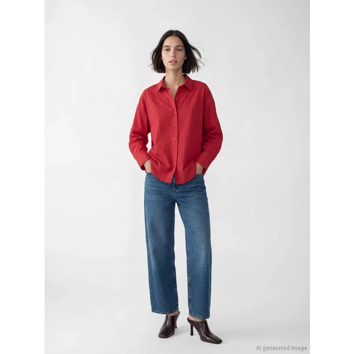 LCW Vision Kırmızı Çizgili Oversize Kadın Gömlek