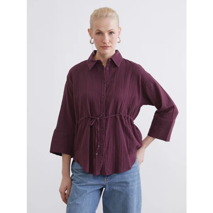 LCWAIKIKI Classic Mürdüm Bağlamalı Dokulu Kadın Müslin Gömlek