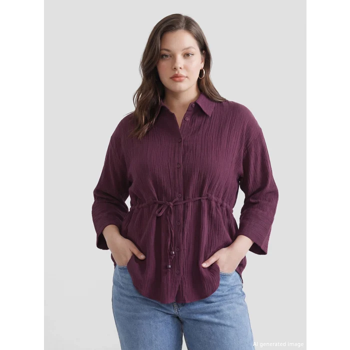 LCWAIKIKI Classic Mürdüm Bağlamalı Dokulu Kadın Müslin Gömlek