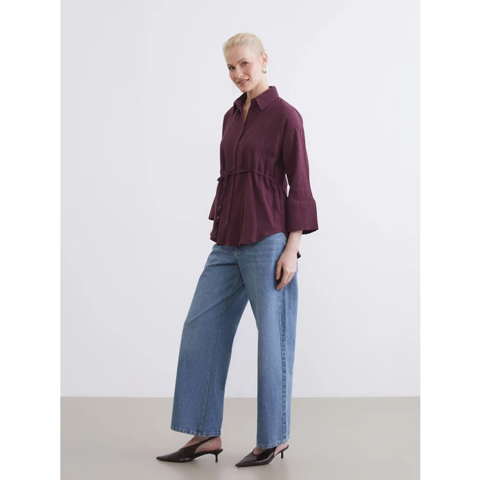 LCWAIKIKI Classic Mürdüm Bağlamalı Dokulu Kadın Müslin Gömlek