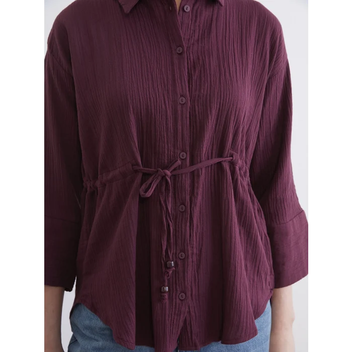 LCWAIKIKI Classic Mürdüm Bağlamalı Dokulu Kadın Müslin Gömlek