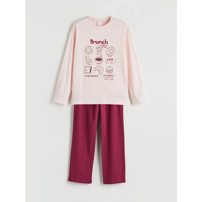LCW Kids Pembe Baskılı Bisiklet Yaka Kız Çocuk Pijama Takım