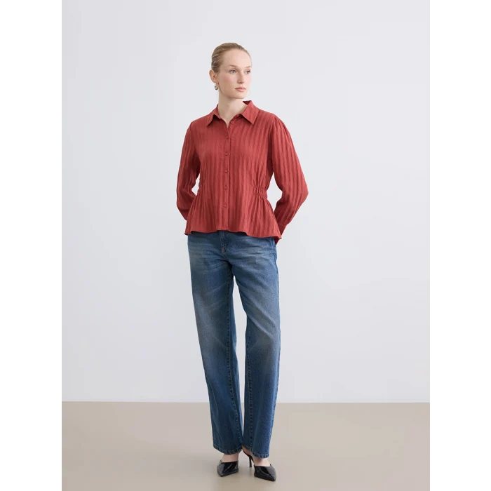 LCWAIKIKI Classic Kırmızı Çizgili Büzgülü Kadın Gömlek