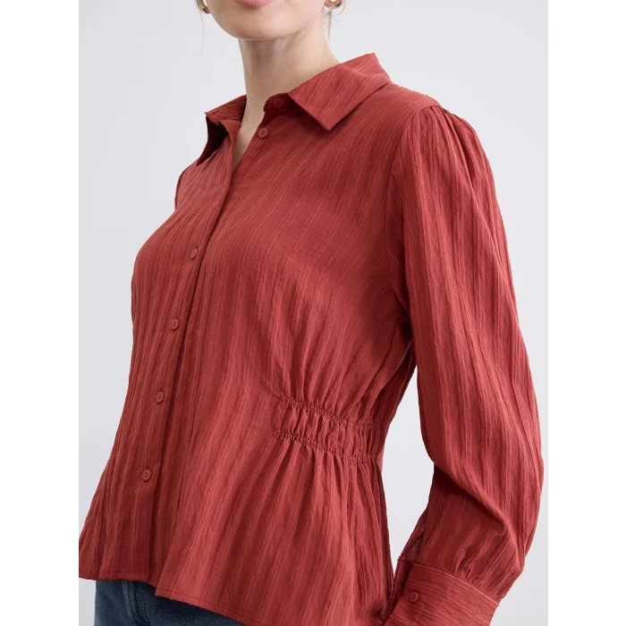 LCWAIKIKI Classic Kırmızı Çizgili Büzgülü Kadın Gömlek