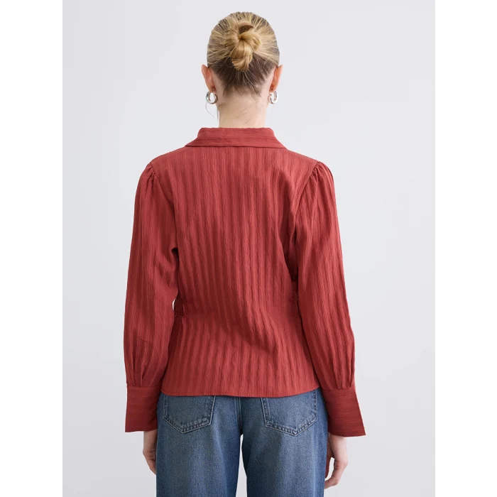 LCWAIKIKI Classic Kırmızı Çizgili Büzgülü Kadın Gömlek