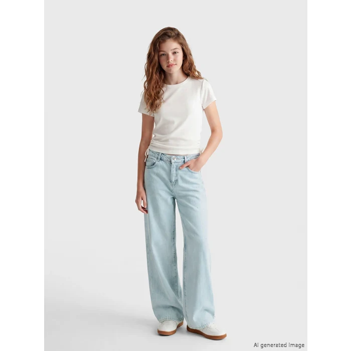 LCW Kids Mavi Wideleg Taşlı Kız Çocuk Jean Pantolon