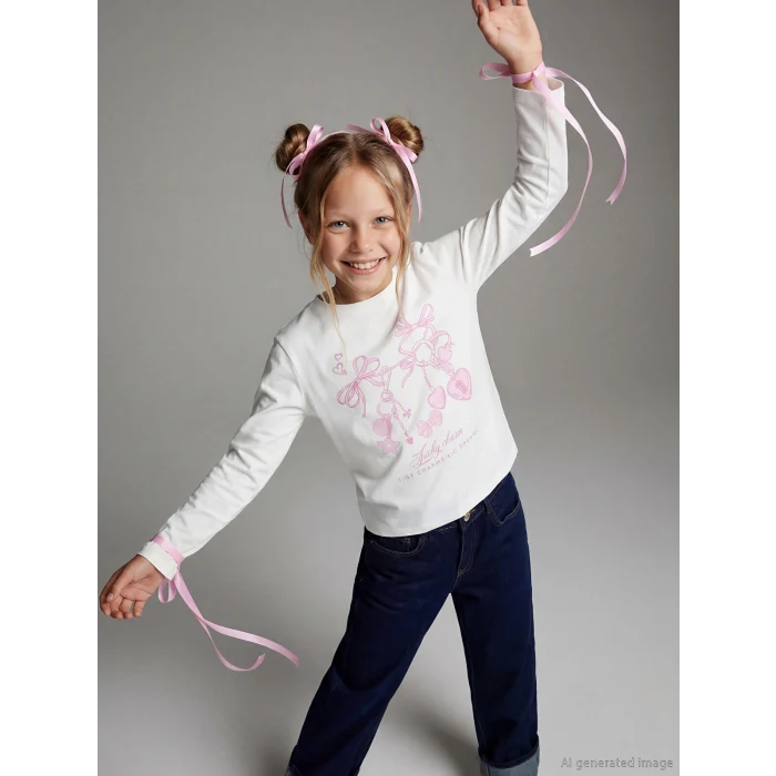 LCW Kids Ekru Bisiklet Yaka Baskılı Kız Çocuk Tişört