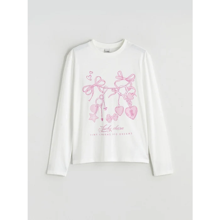 LCW Kids Ekru Bisiklet Yaka Baskılı Kız Çocuk Tişört