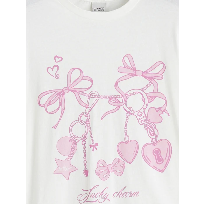 LCW Kids Ekru Bisiklet Yaka Baskılı Kız Çocuk Tişört