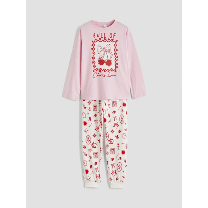 LCW Kids Pembe Bisiklet Yaka Baskılı Kız Çocuk Pijama Takım