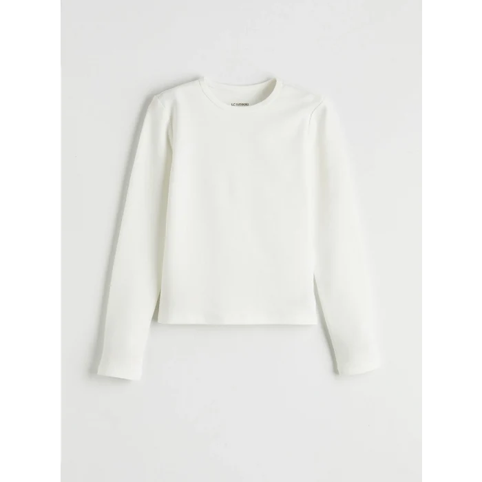 LCW Kids Ekru Bisiklet Yaka Uzun Kollu Kız Çocuk Tişört