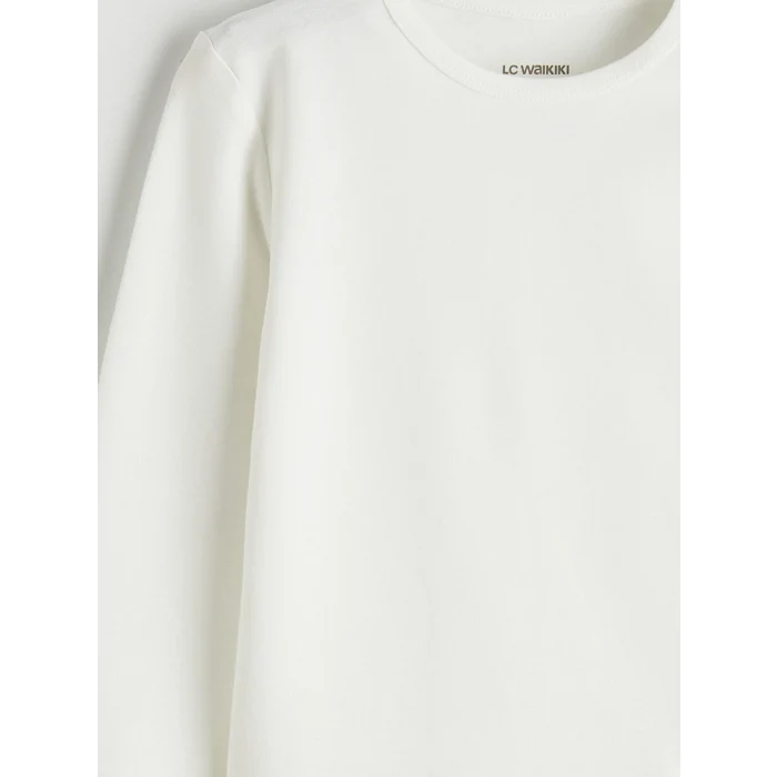 LCW Kids Ekru Bisiklet Yaka Uzun Kollu Kız Çocuk Tişört