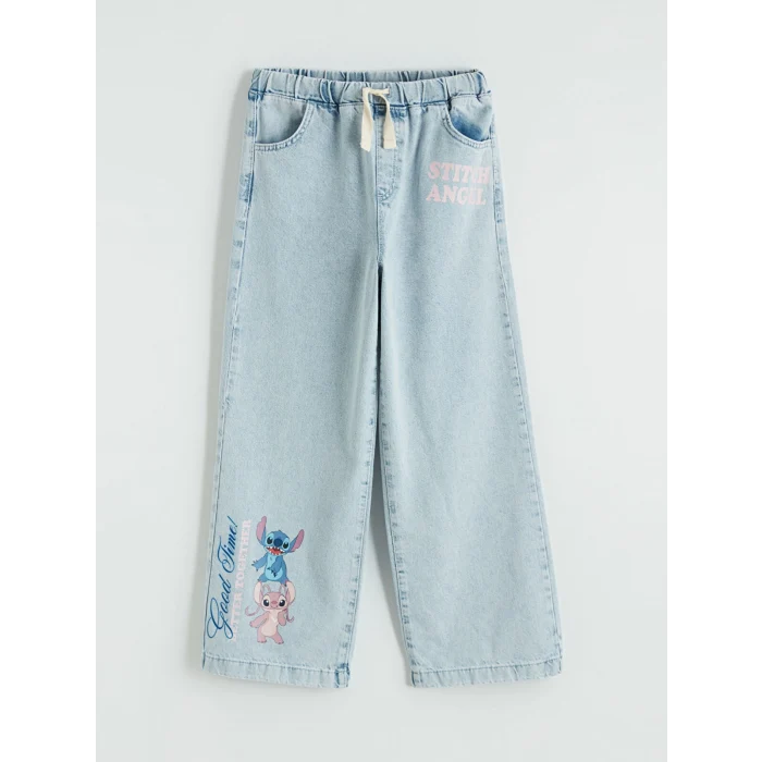 LCW Kids Mavi Wideleg Stitch Baskılı Kız Çocuk Jean Pantolon