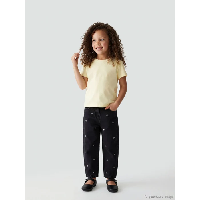 LCW baby Siyah Balloon Fit Nakışlı Kız Çocuk Jean Pantolon