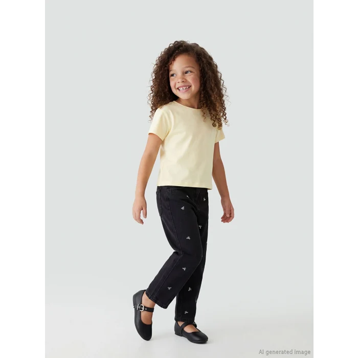 LCW baby Siyah Balloon Fit Nakışlı Kız Çocuk Jean Pantolon