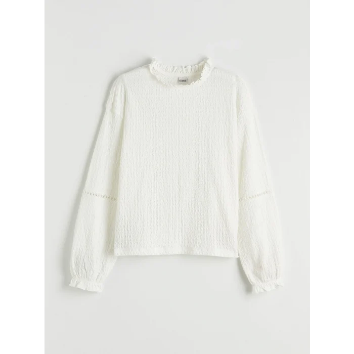 LCW Kids Ekru Fırfırlı Dik Yaka Yaka Kız Çocuk Tişört