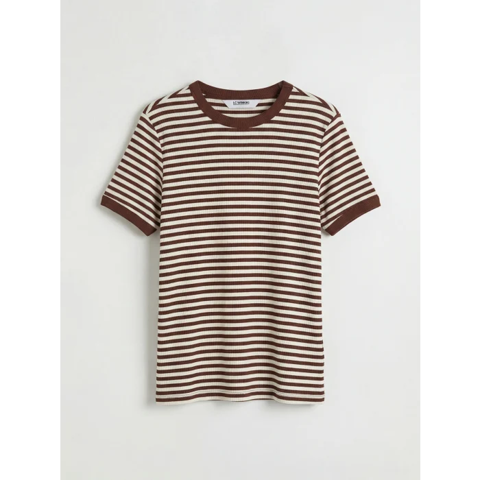 LCW Kids Kahverengi Bisiklet Yaka Simli Çizgili Kız Çocuk Tişört