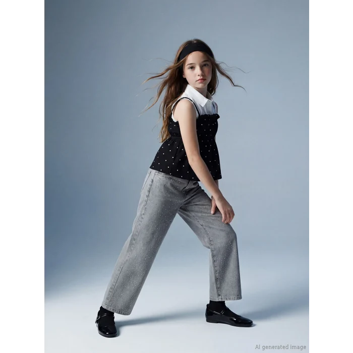 LCW Kids Karışık Wideleg Taşlı Kız Çocuk Jean Pantolon