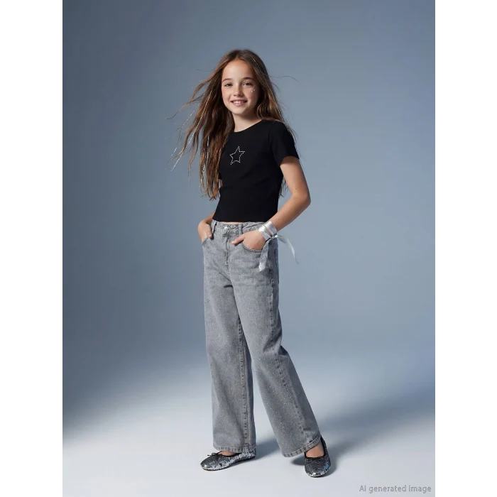 LCW Kids Karışık Wideleg Taşlı Kız Çocuk Jean Pantolon