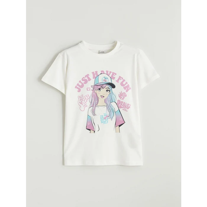 LCW Kids Beyaz Bisiklet Yaka Baskılı Kız Çocuk Tişört