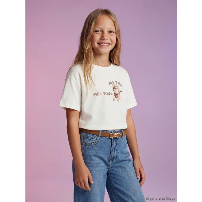 LCW Kids Ekru Baskılı Kız Çocuk Tişört