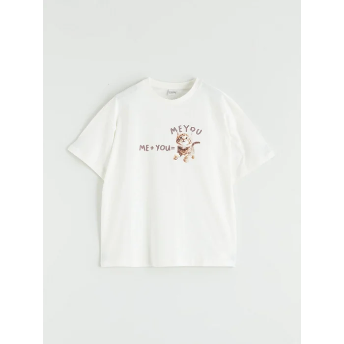 LCW Kids Ekru Baskılı Kız Çocuk Tişört