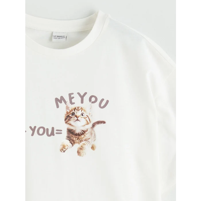 LCW Kids Ekru Baskılı Kız Çocuk Tişört