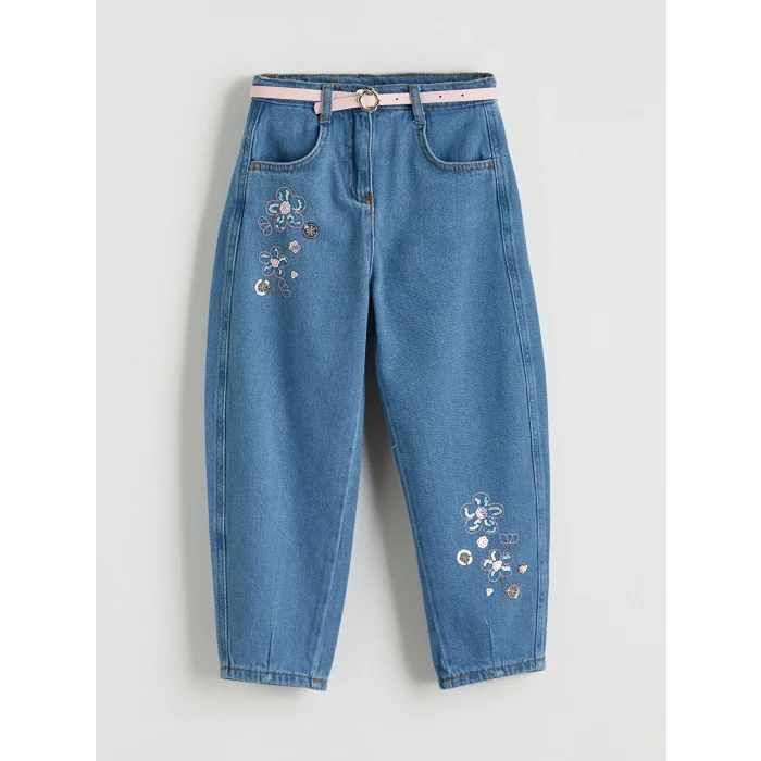 LCW Kids Mavi Balloon Fit Çiçek Nakışlı Kız Çocuk Jean Pantolon