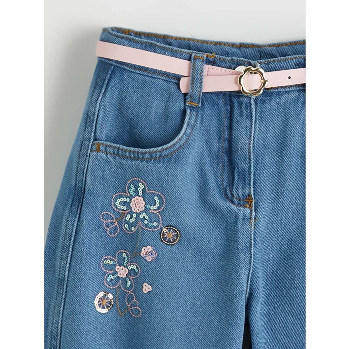 LCW Kids Mavi Balloon Fit Çiçek Nakışlı Kız Çocuk Jean Pantolon