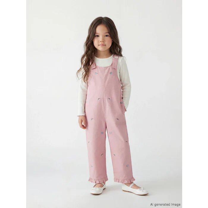 LCW Kids Ekru Nakışlı Kız Çocuk Salopet ve Tişört Takımı