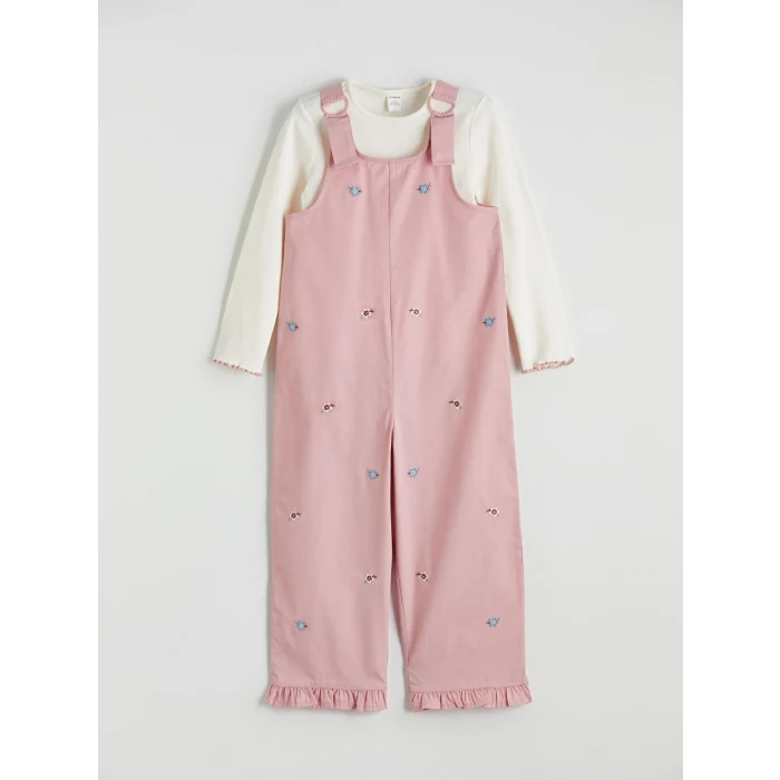 LCW Kids Ekru Nakışlı Kız Çocuk Salopet ve Tişört Takımı