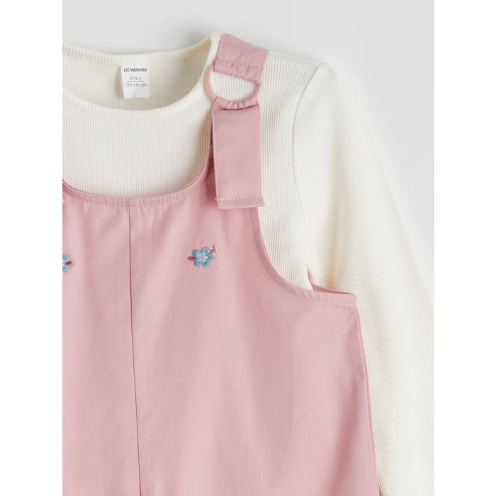 LCW Kids Ekru Nakışlı Kız Çocuk Salopet ve Tişört Takımı