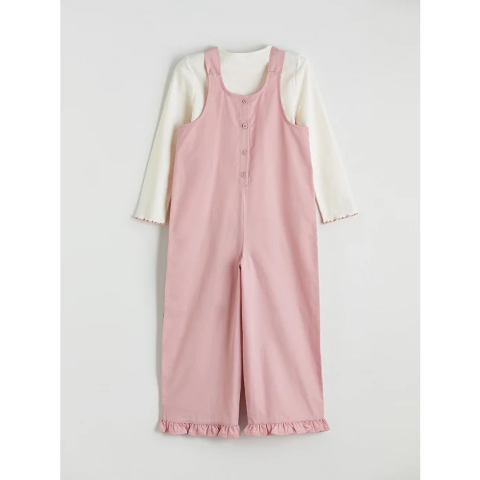 LCW Kids Ekru Nakışlı Kız Çocuk Salopet ve Tişört Takımı