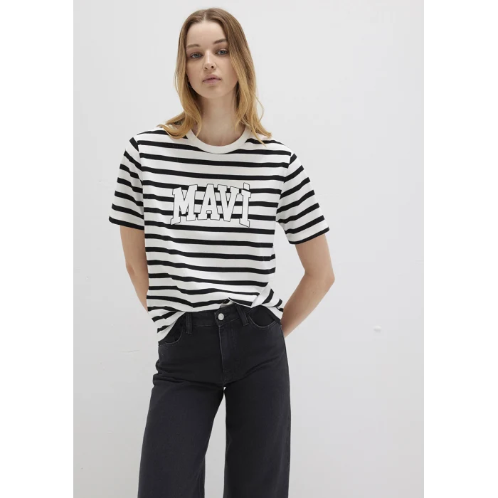 Mavi 1611360-84041 Mavi Logo Baskılı Siyah Çizgili Tişört