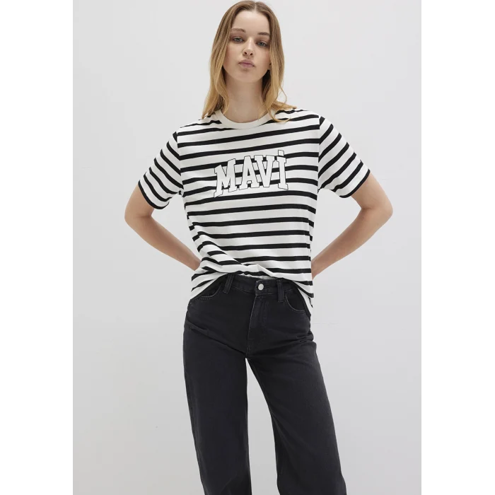 Mavi 1611360-84041 Mavi Logo Baskılı Siyah Çizgili Tişört