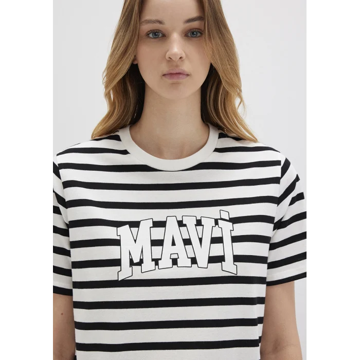 Mavi 1611360-84041 Mavi Logo Baskılı Siyah Çizgili Tişört