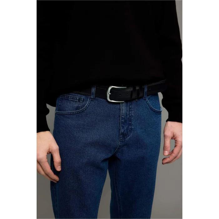 Defacto G8203AXBK27 Siyah Erkek Dikdörtgen Toka Suni Deri Jean Kemeri