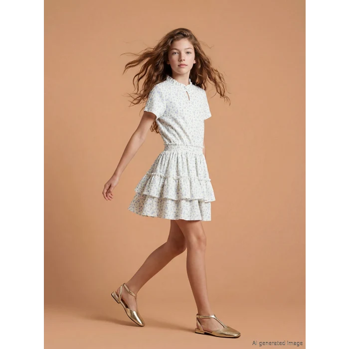 LCW Kids Ekru Dik Yaka Çiçekli Kız Çocuk Elbise