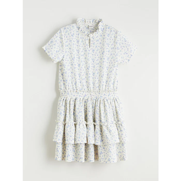 LCW Kids Ekru Dik Yaka Çiçekli Kız Çocuk Elbise